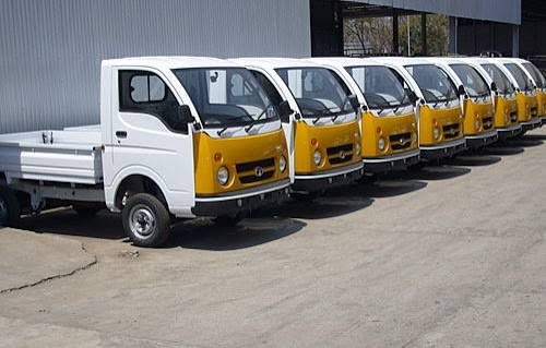 A row of white pickup trucks