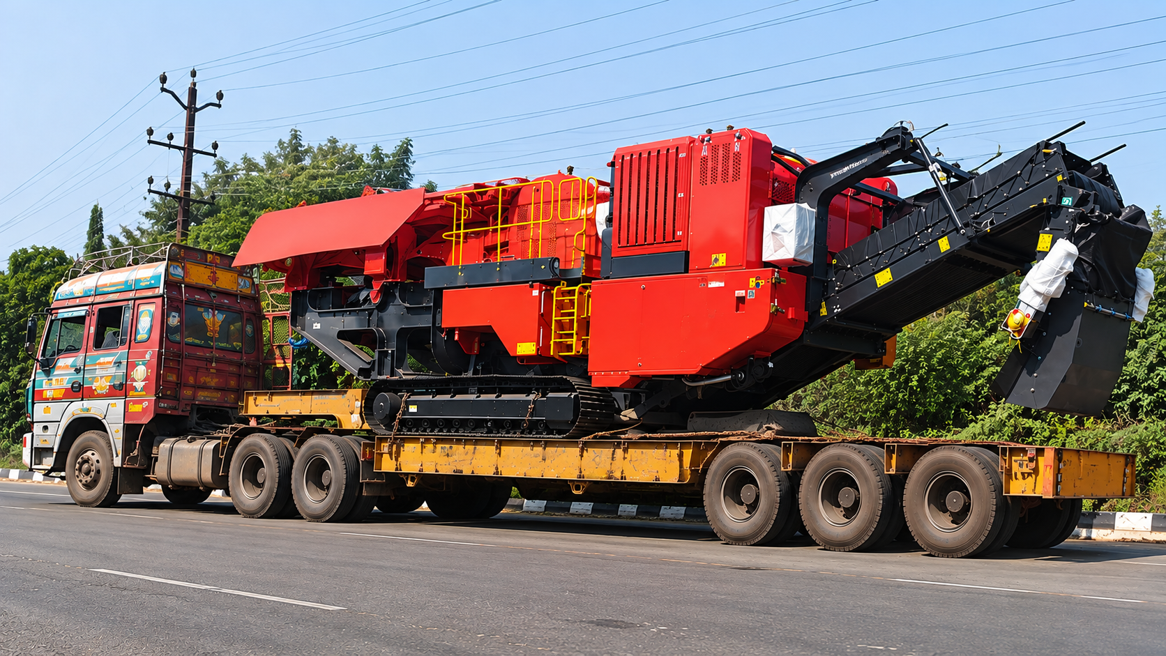 A mobile crushing plant loaded on a low bed trailer on the highway